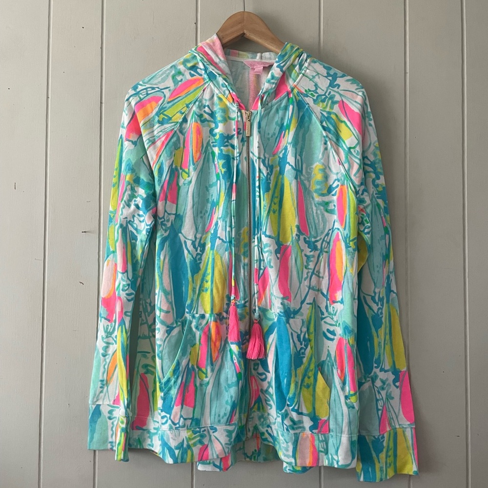 Lilly Pulitzer size L “You gotta regatta” Hoodie Sweatshirt Blue Zip Up Sailboat